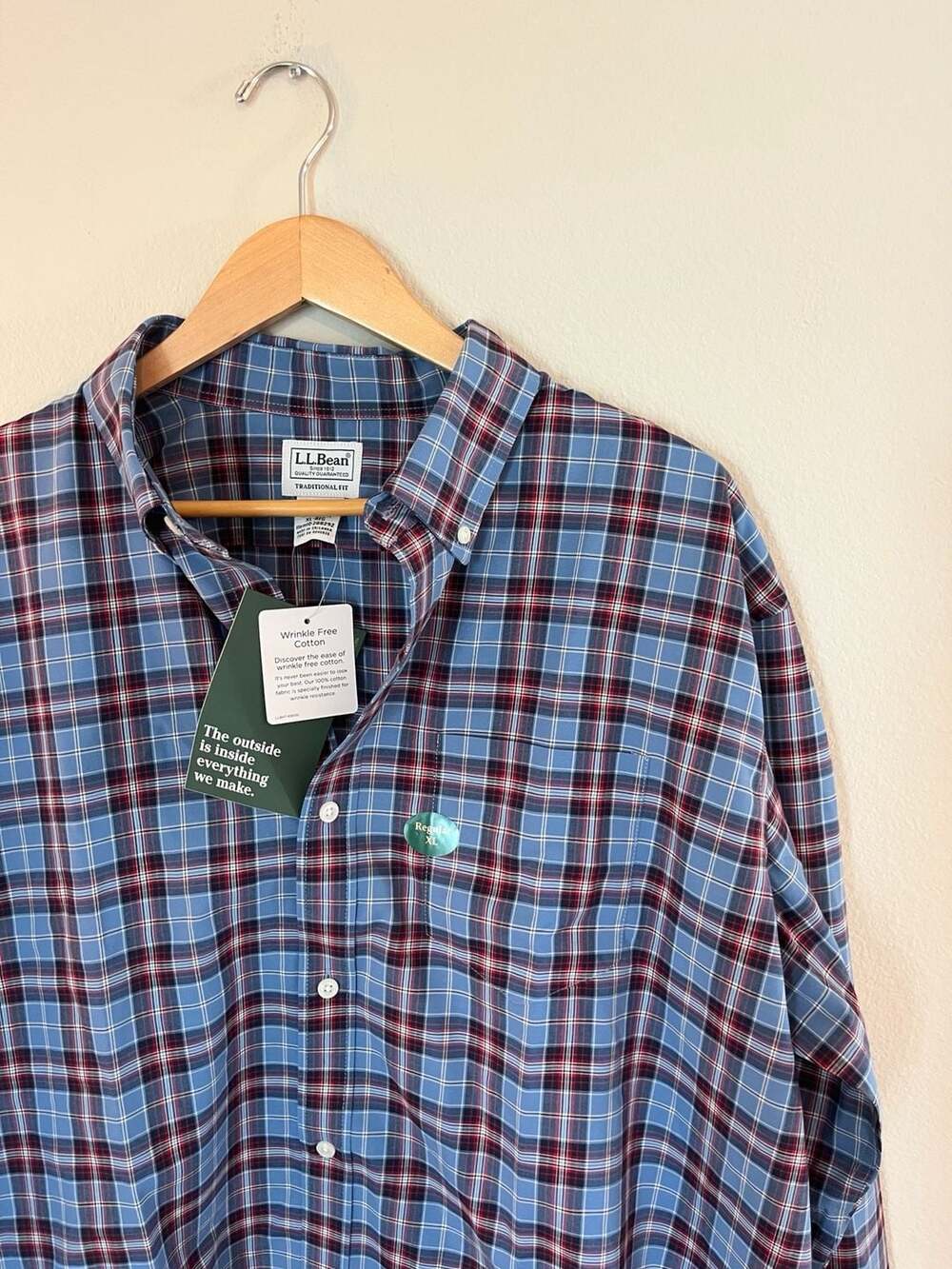 NEW, L.L.Bean Traditional Fit Wrinkle Free Cotton Plaid Shirt, Blue/Red, Fall,XL